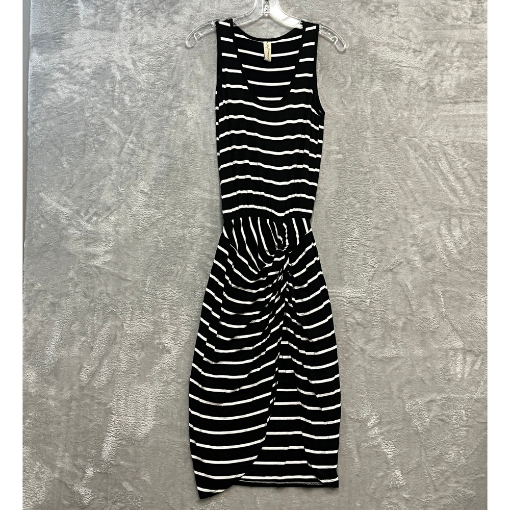 Allison Joy Midi Dress Womens XS Black White Striped Sleeveless Knot Front Tulip